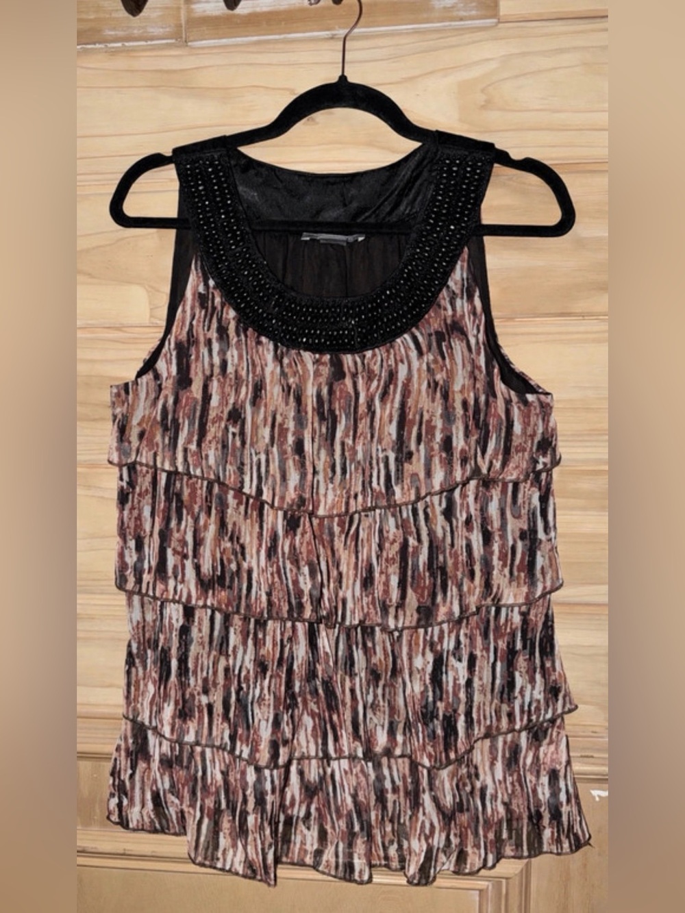 NY Collection Beaded-Neck Tiered Camisole - Black, Brown, Cream